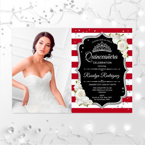 Quinceanera Party With Photo _ Red Black Silver Invitation