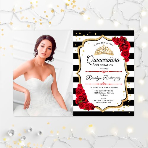 Quinceanera Party With Photo _ Red Gold Black Invitation