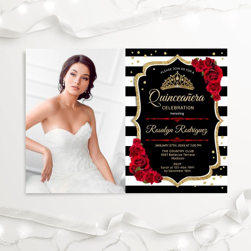 Quinceanera Party With Photo _ Red Gold Black Invitation