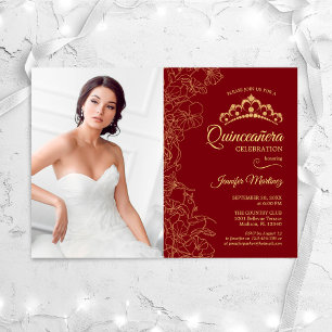 Quinceanera Party With Photo - Red Gold Floral Invitation