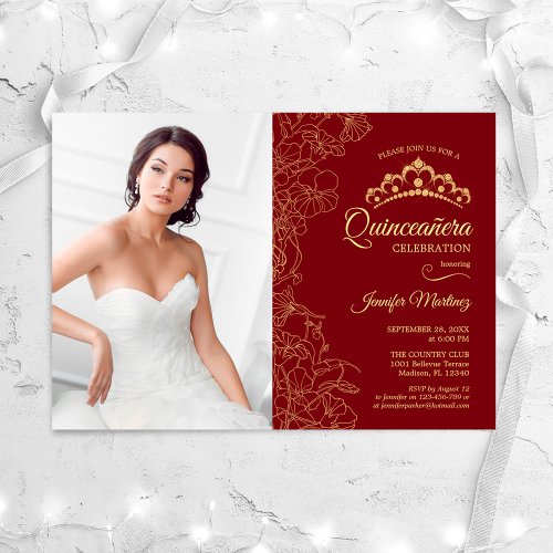 Quinceanera Party With Photo _ Red Gold Floral Invitation