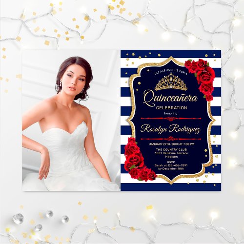 Quinceanera Party With Photo _ Red Gold Navy Invitation