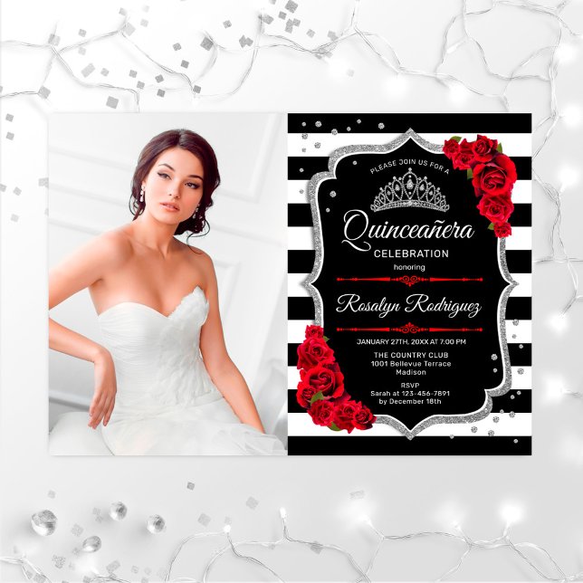 Quinceanera Party With Photo - Red Silver Black Invitation (Creator Uploaded)