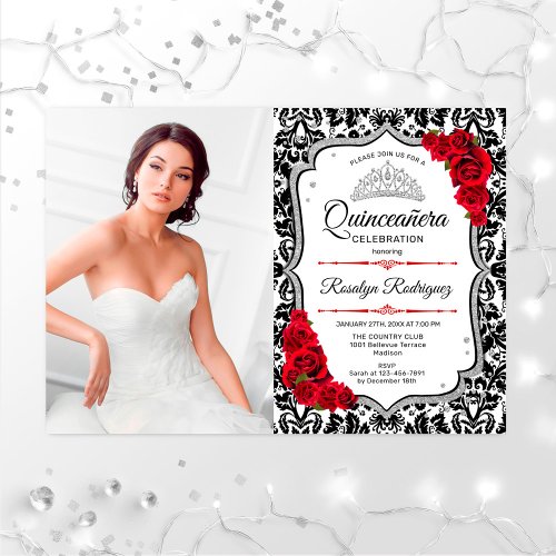 Quinceanera Party With Photo _ Red Silver Black Invitation