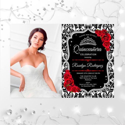 Quinceanera Party With Photo _ Red Silver Black Invitation