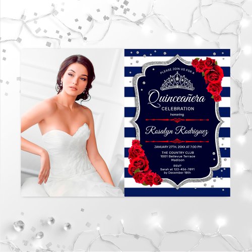 Quinceanera Party With Photo _ Red Silver Navy Invitation