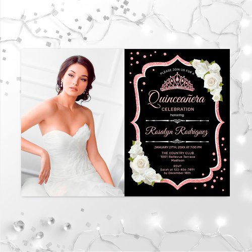 Quinceanera Party With Photo _ Rose Gold Black Invitation