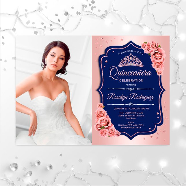 Quinceanera Party With Photo - Rose Gold Navy Invitation (Creator Uploaded)