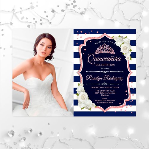 Quinceanera Party With Photo _ Rose Gold Navy Invitation