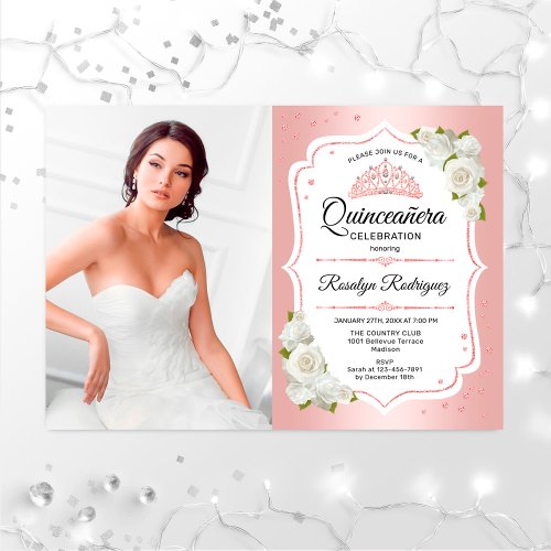 Quinceanera Party With Photo _ Rose Gold White Invitation