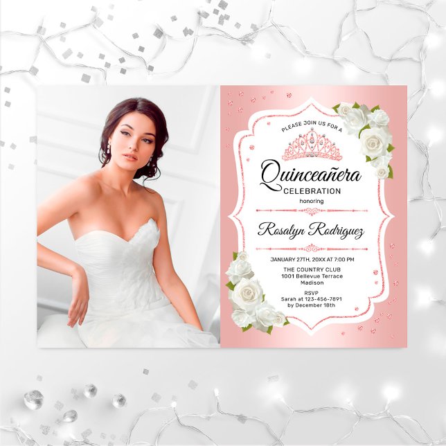 Quinceanera Party With Photo - Rose Gold White Invitation (Creator Uploaded)