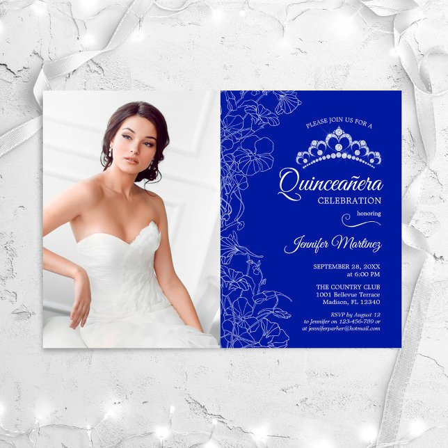 Quinceanera Party With Photo - Royal Blue Floral Invitation (Creator Uploaded)