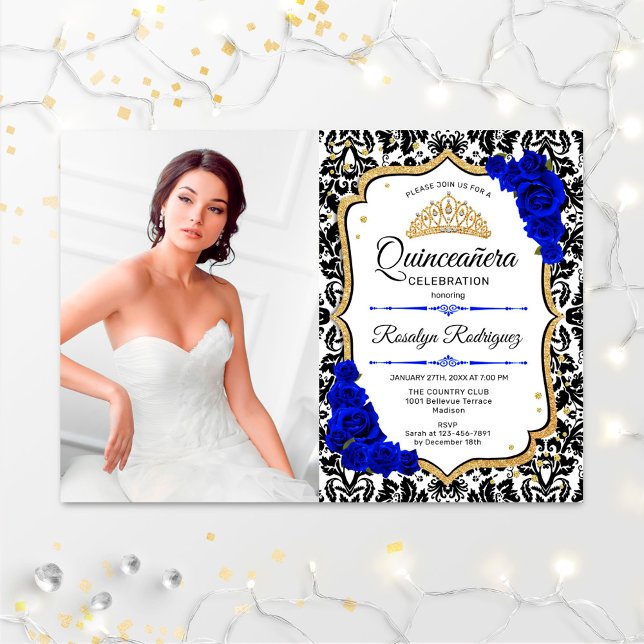 Quinceanera Party With Photo - Royal Blue Gold Invitation (Creator Uploaded)