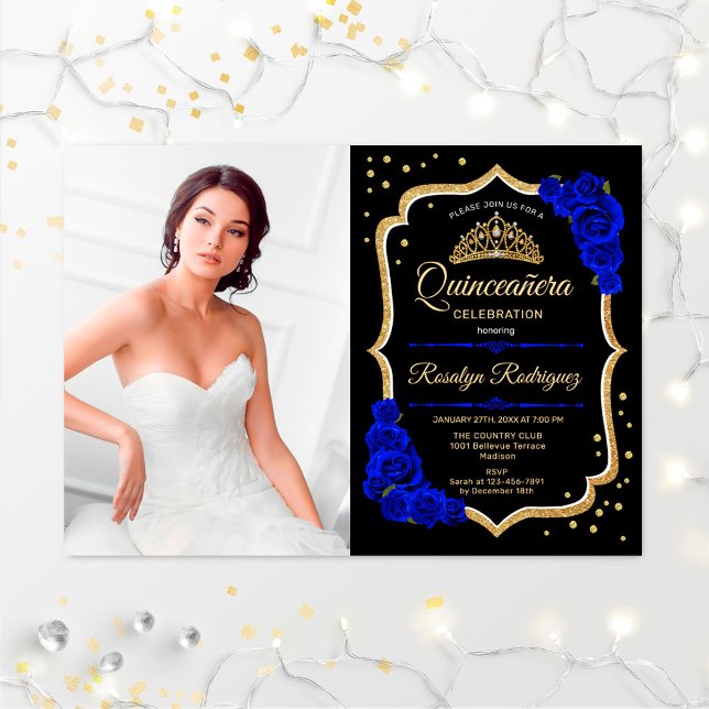 Quinceanera Party With Photo - Royal Blue Gold Invitation (Creator Uploaded)