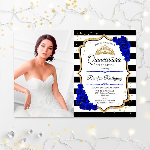 Quinceanera Party With Photo _ Royal Blue Gold Invitation