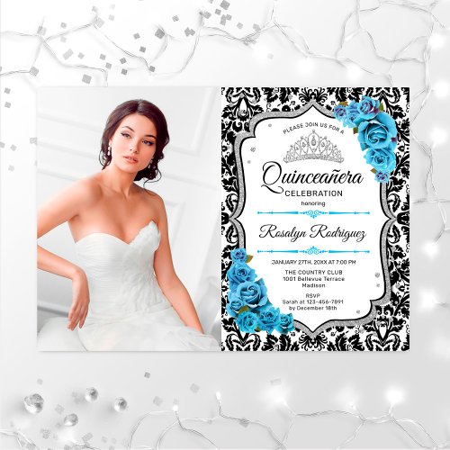 Quinceanera Party With Photo _ Royal Blue Silver Invitation