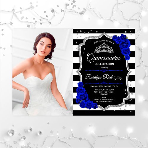 Quinceanera Party With Photo _ Royal Blue Silver Invitation