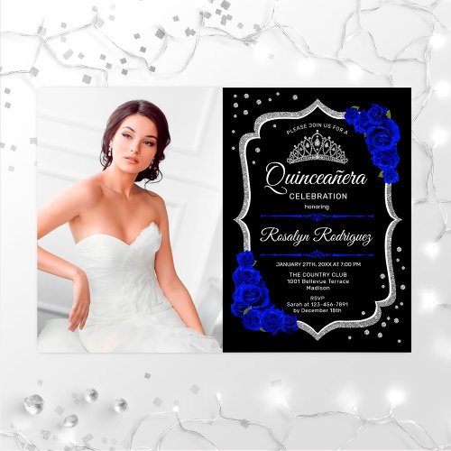 Quinceanera Party With Photo _ Royal Blue Silver Invitation