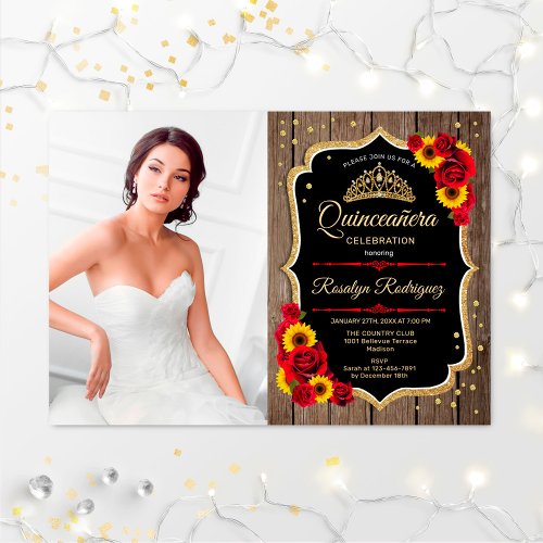 Quinceanera Party With Photo _ Rustic Sunflowers Invitation