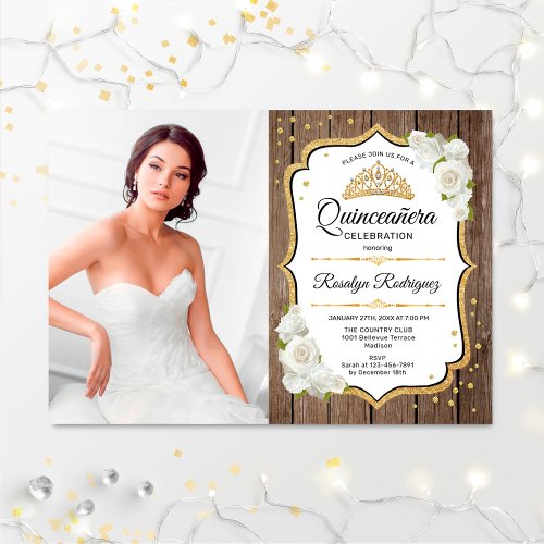 Quinceanera Party With Photo _ Rustic Wood Gold Invitation