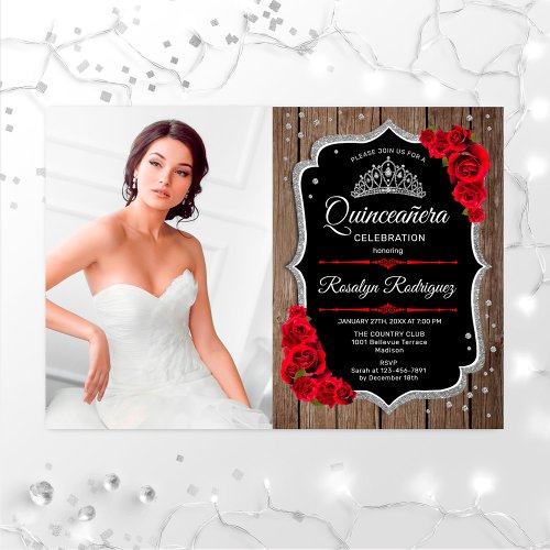 Quinceanera Party With Photo _ Rustic Wood Silver Invitation