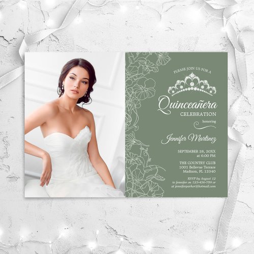 Quinceanera Party With Photo _ Sage Green Floral Invitation