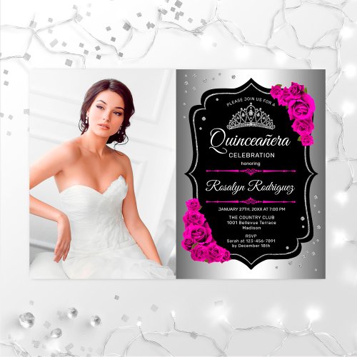 Quinceanera Party With Photo _ Silver Black Pink Invitation