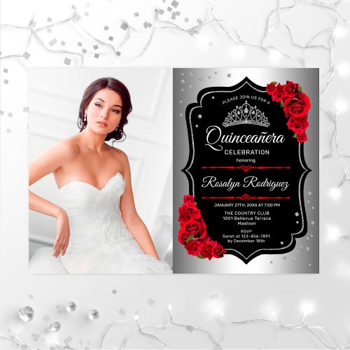 Quinceanera Party With Photo _ Silver Black Red Invitation