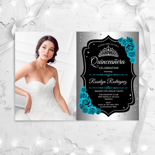Quinceanera Party With Photo - Silver Black Teal Invitation (Creator Uploaded)