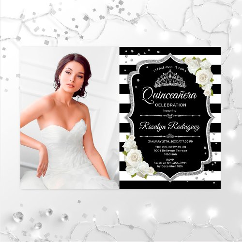 Quinceanera Party With Photo _ Silver Black White Invitation