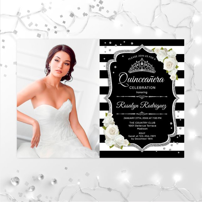 Quinceanera Party With Photo - Silver Black White Invitation (Creator Uploaded)