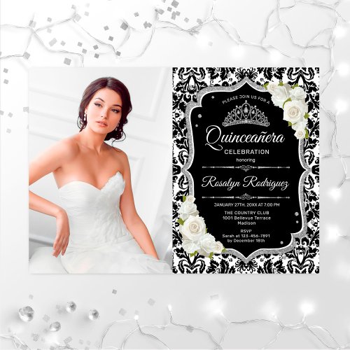 Quinceanera Party With Photo _ Silver Black White Invitation