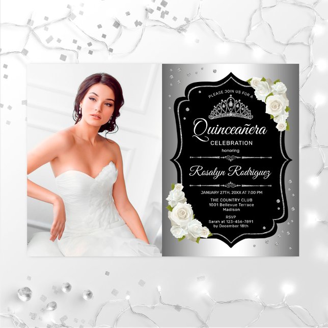 Quinceanera Party With Photo - Silver Black White Invitation (Creator Uploaded)