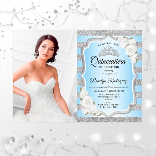 Quinceanera Party With Photo _ Silver Blue Invitation