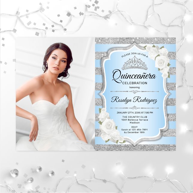Quinceanera Party With Photo - Silver Blue Invitation