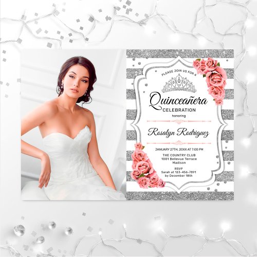 Quinceanera Party With Photo _ Silver Blush Pink Invitation
