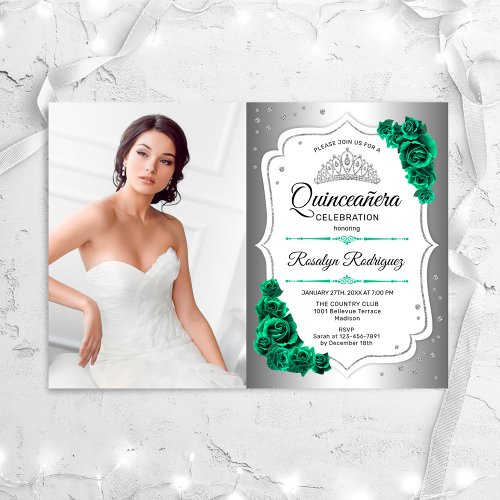 Quinceanera Party With Photo _ Silver Green White Invitation