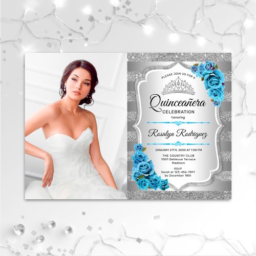 Quinceanera Party With Photo _ Silver Icy Blue Invitation