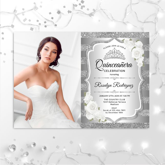 Quinceanera Party With Photo - Silver Invitation