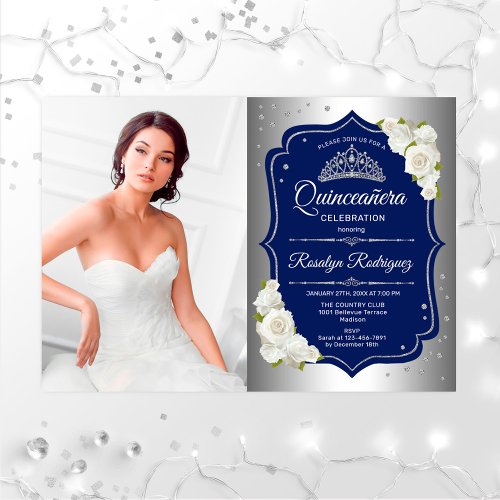 Quinceanera Party With Photo _ Silver Navy Invitation