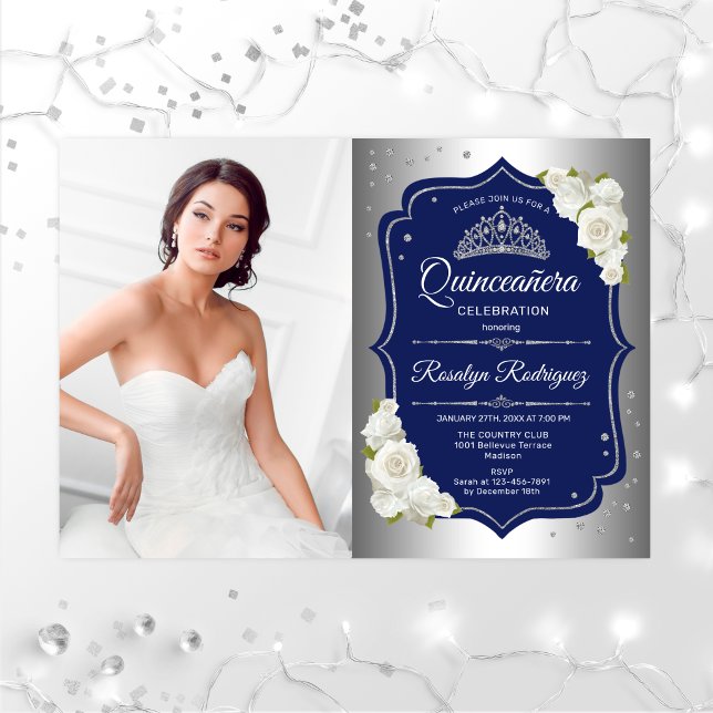 Quinceanera Party With Photo - Silver Navy Invitation