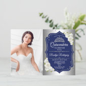 Quinceanera Party With Photo - Silver Navy Invitation (Standing Front)