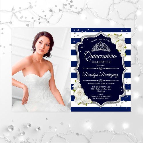 Quinceanera Party With Photo _ Silver Navy White Invitation