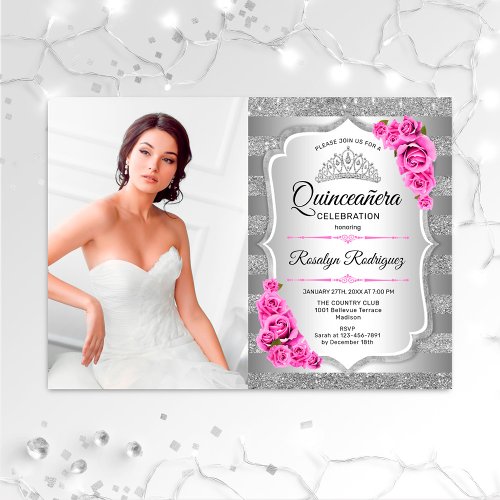 Quinceanera Party With Photo _ Silver Pink Invitation