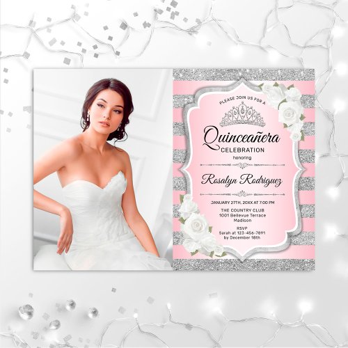 Quinceanera Party With Photo _ Silver Pink Invitation