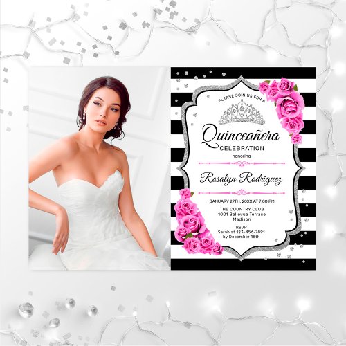 Quinceanera Party With Photo _ Silver Pink White Invitation