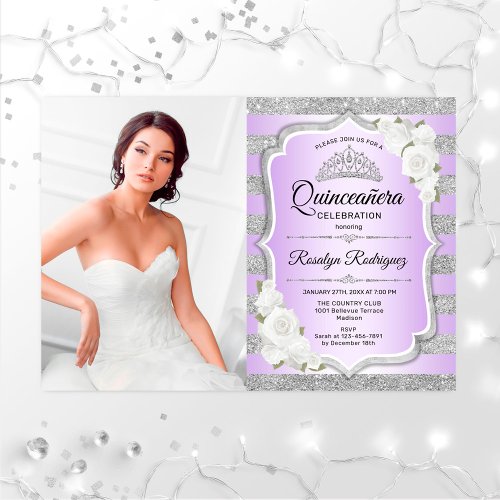 Quinceanera Party With Photo _ Silver Purple Invitation