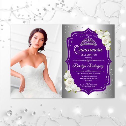 Quinceanera Party With Photo _ Silver Purple Invitation