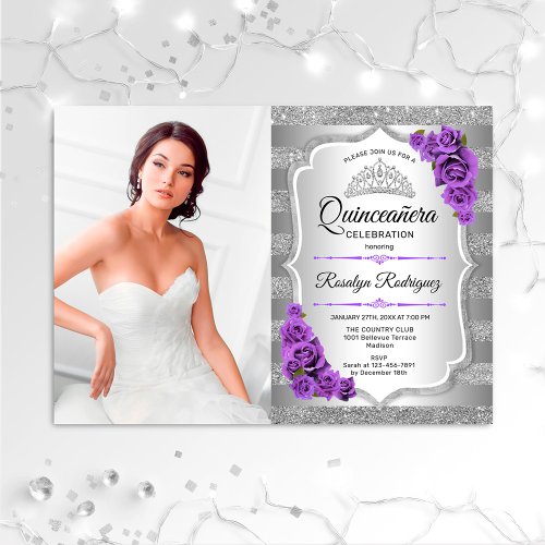 Quinceanera Party With Photo _ Silver Purple Invitation