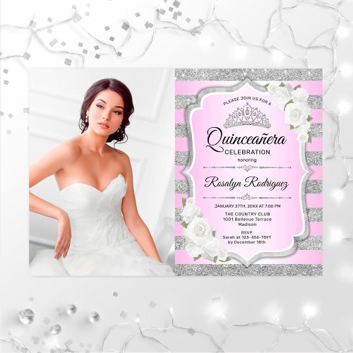 Quinceanera Party With Photo _ Silver Purple Pink Invitation